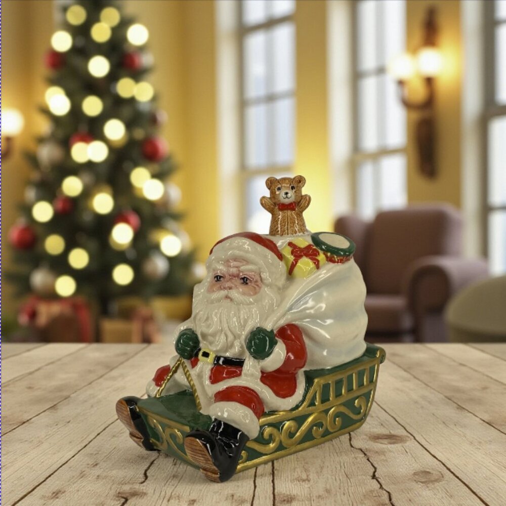 SANTA MUSIC BOX -- Vintage, Santa and Sleigh, Teddy Bear Moves Up/Down, Musical